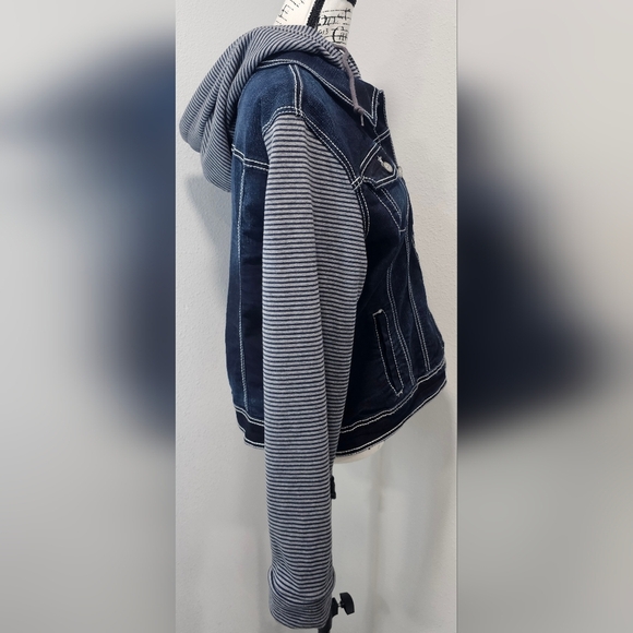 No Boundaries Combo Denim Sherpa Button Up Hooded Blue Gray Jean Jacket Jr's XXL - Picture 8 of 13